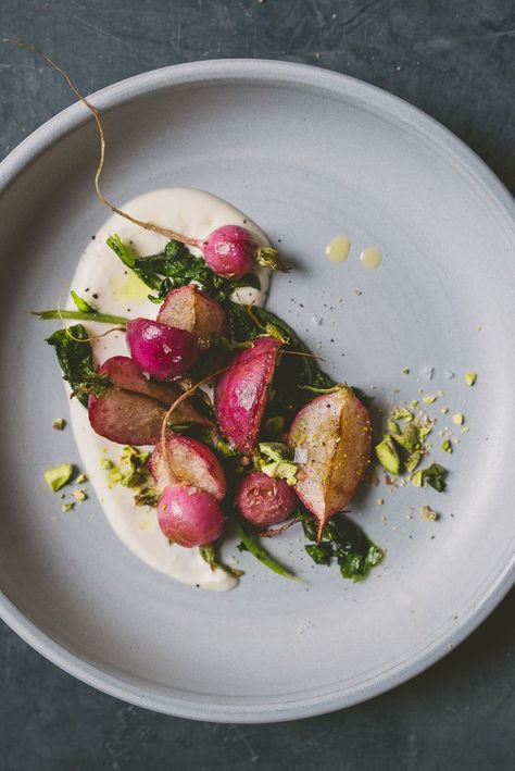 Stovetop Radishes with Mint and Miso-Yogurt | Betty S. Liu Food Plating Techniques, Gourmet Food Plating, Radish Recipes, Fine Dining Recipes, Blue Plate, Work Project, Radishes, Food Presentation, Food Plating