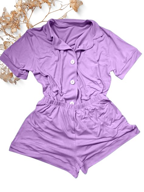 Lavanda  Collar Manga Curta  Simples Conjuntos de shorts Embellished Pajama Set Women, Pajamas Women, Pajama Set, Pajamas, Magazine, Collar, Design