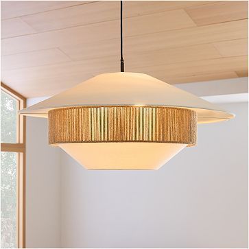 Stevie Mixed Woven Pendant (34") Stevie Mixed Woven Pendant, Mid Century Modern Pendant Lighting Kitchen, West Elm Kitchen Inspiration, Casual Chandelier, Large Chandelier High Ceilings, West Elm Lighting, Bohemian Light Fixtures, Bayou House, Woven Pendant Light