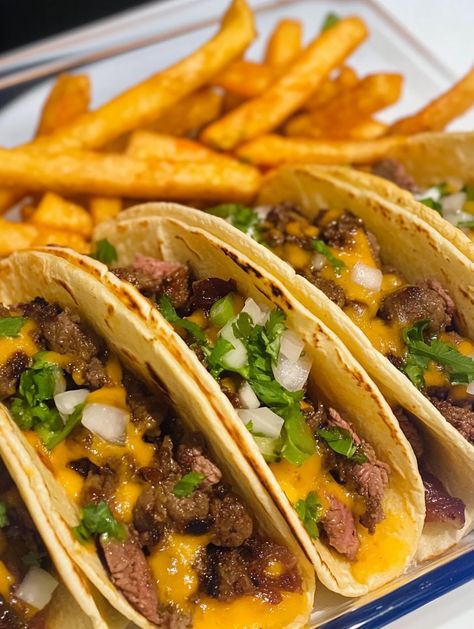 Cheese Steak Tacos with Buffalo Fries Cheese Steak Tacos, Steak Tacos Recipes, Taco Fries, Steak Taco Recipe, Buffalo Fries, Seasoned Ground Beef, Homemade Buffalo Sauce, Cheese Tacos, Taco Fillings