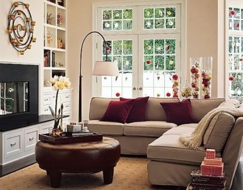 26 Beautiful Burgundy Accents For Fall Home Décor - DigsDigs Burgundy And Beige Living Room, Living Room Decor Beige Sofa, Maroon Living Room, Beige Couch Living Room, Beige Sofa Living Room, Townhouse Decorating, Tan Living Room, Burgundy Living Room, Traditional Design Living Room