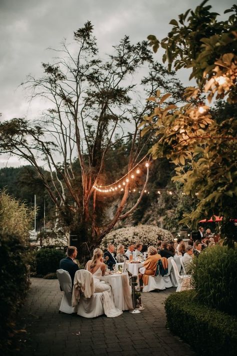 Edison lights hang above the wedding guests as they eat dinner outside west coast weddings dot com Perfect Summer Day, West Coast Wedding, Outdoor Reception, Local Wedding, Coast Wedding, Tree Wedding, Wedding Show, The Seaside, Resort Wedding