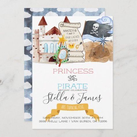 $ 2.92 | Princess & Pirate Joint Birthday Party #double, joint, birthday, party, pirate, princess, watercolor, editable, customizable, personalize Princess Pirate, Combined Birthday Parties, Pirate Birthday Invitations, Birthday Party Card, Princess Birthday Invitations, Pirate Kids, Pirate Birthday Party, Princess Theme, Kids Birthday Party Invitations