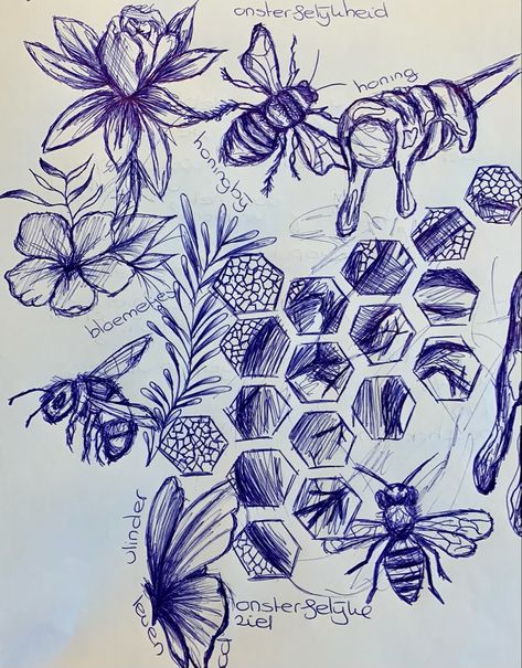 Flower, honey, bees, butterfly Movement In Art Ideas, Class Sketch Ideas, Art Class Sketches, Ballpen Art Drawings, Sketchbook Art Journal Sketches Easy, Messy Doodles Aesthetic, Sketchbook Ideas Pen, Sketch Book Filler Ideas, Pen Drawing Ideas Creativity Sketchbooks