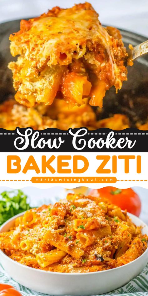 A perfect weeknight dinner recipe! Loaded with Italian sausage, marinara sauce, and cheese, this crockpot pasta is a delicious home-cooked meal. The whole family will love this Slow Cooker Baked Ziti! Crockpot Ziti Recipes, Crockpot Recipes Pasta, Pasta Crockpot Recipes, Italian Sausage Marinara, Slow Cooker Baked Ziti, Pasta Casseroles, Slow Cooker Pasta Recipes, Sausage Marinara, Crockpot Pasta Recipes