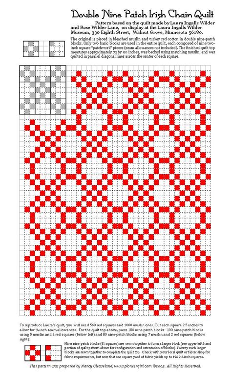 This would work for counted cross stitch also. Link is wrong but can use picture for pattern.  Love the red and white. Double Irish Chain Quilt, Irish Chain Quilt Pattern, Irish Quilt, Irish Chain Quilt, White Quilts, Nine Patch Quilt, Red And White Quilts, Toddler Summer, Laura Ingalls