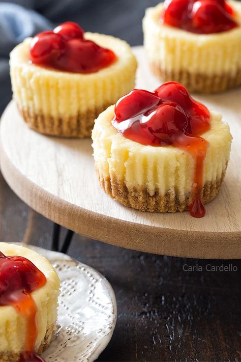 Mini Cheesecakes (Small Batch) - Homemade In The Kitchen Easy Mini Cheesecake Recipe, Small Cheesecakes, Mini Cheesecakes Easy, Plain Cheesecake, Individual Cheesecakes, Homemade Strawberry Sauce, Small Batch Baking, Mini Cheesecake Recipes, Dessert For Two