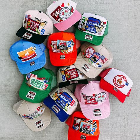 our patched truckers >>> a mix of vintage, eclectic, colorful & fun patches make our hats extra special 🫶🏼 launching tonight (7.25) @ 8pm cst!!! comment here if you want reminded 💅🏼 Hat Business, Beanie Design, Voynich Manuscript, Custom Fitted Hats, Fun Patches, Apparel Design Inspiration, Shirt 2023, Cool Patches, Hat Ideas