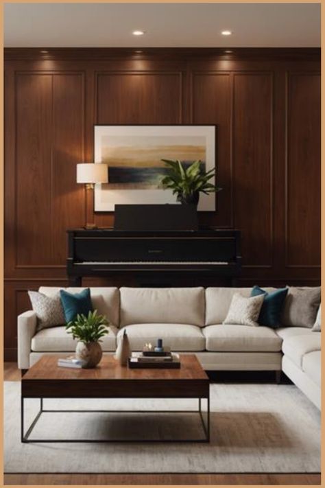 Cozy living room with a sectional sofa, coffee table, plants, and a piano against a wood-paneled wall. Half Wall Wood Paneling Ideas, Living Room With Half Wall, Half Wall Wood Paneling, Painted Half Wall, Wall Wood Paneling Ideas, Room Half Wall, Wall Wood Paneling, Wood Paneling Ideas, Elegant Living Room Ideas