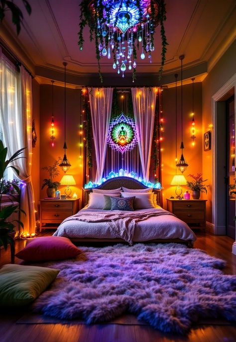 Boho Witchy Bedroom Purple Boho Bedroom Ideas, Spiritual Bedroom Aesthetic, Boho Witchy Bedroom, Spiritual Bedroom, Witchy Bedroom Ideas, Witchy Bedroom, Magical Bedroom, Dreamy Space, Goblin Core