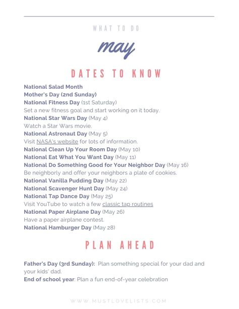 What to Do in May - Must Love Lists What To Do In April Must Love Lists, Must Love Lists, May To Do List, May Aesthetic Month, Fun Holidays To Celebrate, National Star Wars Day, Seasonal Bucket List, Organization Motivation, Monthly List