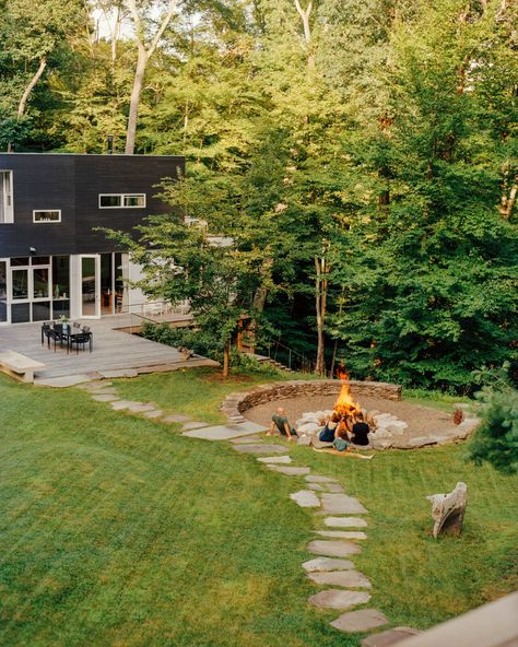 Photo 16 of 20 in A Concrete Guesthouse in Upstate New York Is Decidedly “Bunker Chic” - Dwell Backyard Structures, Fire Pit Landscaping, Sunken Garden, Fire Pit Area, Forest Garden, Backyard Garden Design, Upstate New York, Firepit, Fireplace Design