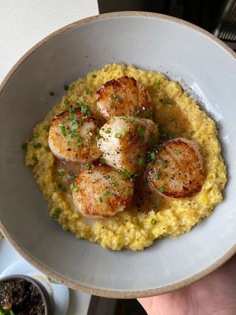 Polenta And Scallops, Fresh Corn Polenta, Brown Butter Scallops, Corn Polenta, Butter Scallops, Fancy Dishes, Buttered Corn, Summer Corn, Creamed Corn