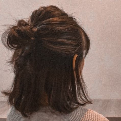 Short Haircut Ponytail, Baileycore Aesthetic, Brown Aesthetic Hair, Messy Hairstyles For Short Hair, Short Brown Hairstyles, Aesthetic Brown Hair, Half Ponytail, Aesthetic Brown, Short Brown Hair