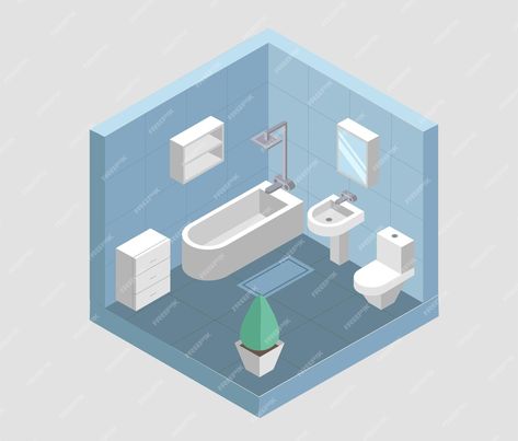 Premium Vector | Isometric bathroom with a bathtube sink toilet mirror and drawers Isometric Bathroom, Toilet Mirror, Sink Toilet, Mirror Drawers, 3d Font, Logo Psd, Technology Icon, Card Banner, Presentation Template Free