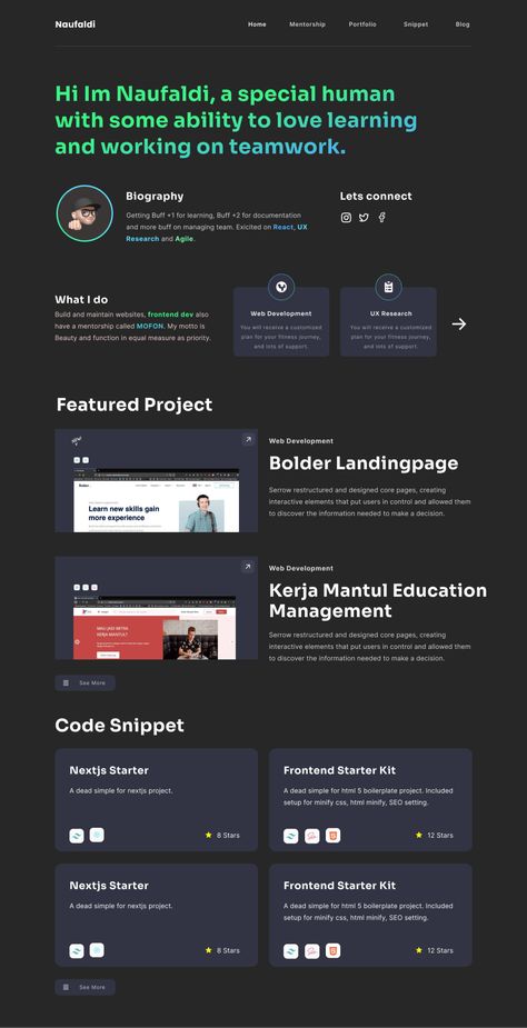 A free portfolio website template available in both a graphical version for Figma and a coded version for software engineers. Software Engineer Portfolio Website, Software Engineer Portfolio, Coding Portfolio, Dark Portfolio, Personal Portfolio Website, Portfolio Website Template, Designer Portfolio, Portfolio Website Design, Website Ideas