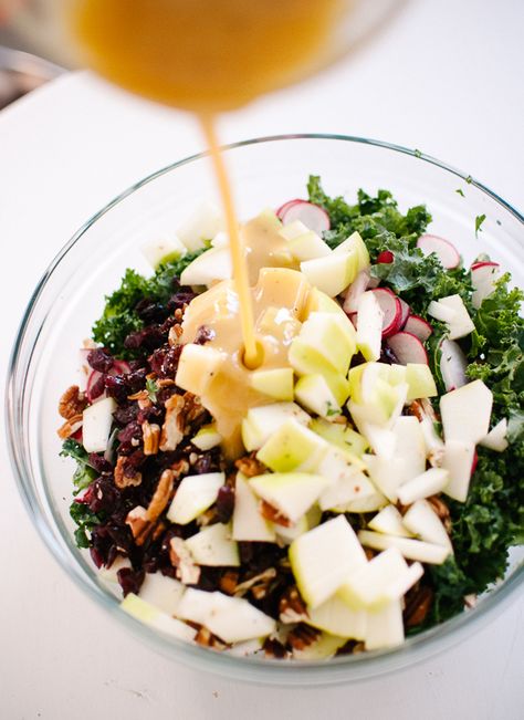 Kale salad with apples, cranberries, pecans, and honey mustard dressing - cookieandkate.com Salad With Honey Mustard Dressing, Salad Kale, Kale Salad Recipes, Resep Salad, Honey Mustard Dressing, Cranberry Cheese, Apples And Cheese, Mustard Dressing, Smitten Kitchen