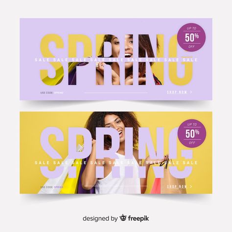 Free Vector | Spring sale banners with photo Magazine Banner Design, Spring Layout Design, Sales Banner Design Ideas, Spring Advertising Design, Sales Advertising Design, Facebook Banner Design Inspiration, Web Banner Ideas, Promotional Banner Design, Spring Banner Design