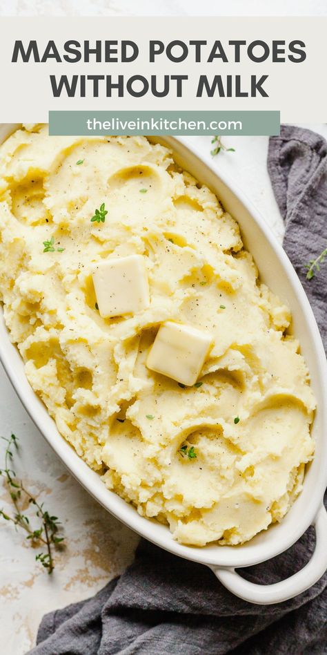 Mashed potatoes without milk are as fluffy and delicious as the original. Can be made soy free or dairy free, making them an easy crowd-pleasing addition to your Thanksgiving table or weeknight meals. Mashed Potatoes No Milk, Mashed Potatoes Without Milk, Cream Cheese Mashed Potatoes, Mashed Potatoes Thanksgiving, Make Mashed Potatoes, Dairy Free Mashed Potatoes, Make Ahead Mashed Potatoes, Garlic Mashed Potatoes Recipe, Crockpot Mashed Potatoes