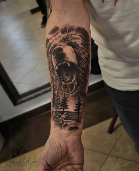 Top 47+ Best Black Bear Tattoo Ideas - [2021 Inspiration Guide] Men Bear Tattoos, Men Bear Tattoo Ideas, Men’s Bear Tattoo, Tattoo Ideas For Men Animals, Grizzly Bear Forearm Tattoo, Bear Realism Tattoo, Bear Bicep Tattoo, Bear Side Profile Tattoo, Animal Arm Tattoo Men