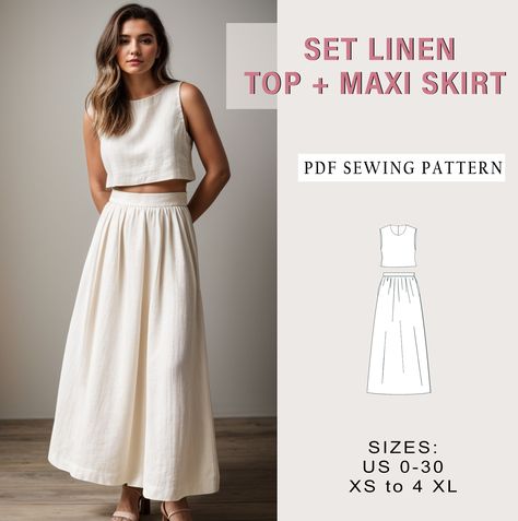 Set Linen Top And Maxi Skirt Sewing Pattern, Linen Gathered Maxi Skirt Sewing Pattern, Gathering Skirt, Modest Skirt Pattern, Summer Skirt Womens Skirt Sewing Pattern, Modern Clothes Patterns, Linen Two Piece Set Sewing Pattern, Co Ord Sewing Pattern, Modern Sewing Patterns Women, Sew Skirt Patterns, Linen Set Sewing Pattern, Linen Skirt Sewing Pattern, Sew Clothes Women