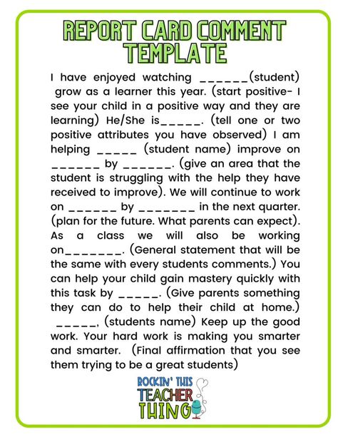 Progress Report Comments Kindergarten, Preschool Report Card Comments, Remarks For Report Card, Kindergarten Report Cards, School Report Card, Report Comments, Report Card Comments, Report Card Template, Interesting Facts About Yourself