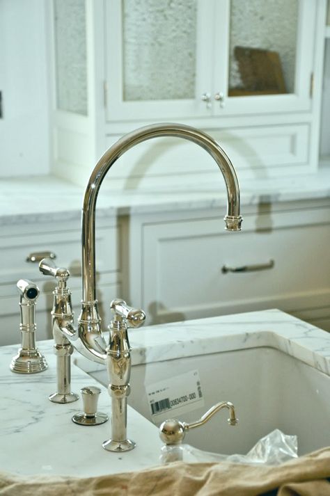 kitchen hardware for a classic white kitchen | Laurel Bern Interiors | my favorite polished nickel faucet from Perrin and Rowe Polished Nickel Kitchen Faucet, Rohl Kitchen Faucet, Polished Nickel Kitchen, Bridge Faucet Kitchen, Perrin And Rowe, Brushed Nickel Kitchen Faucet, Polished Nickel Faucet, Bridge Faucet, Bungalow Kitchen