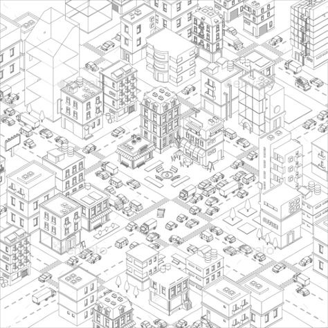 Vector Town City Streets Intersection Outline Town Drawing Reference, Street Map Illustration, Isometric City Drawing, Isometric City Map, Isometric Illustration City, Road Top View, Isometric Background, City Isometric, Isometric Sketch