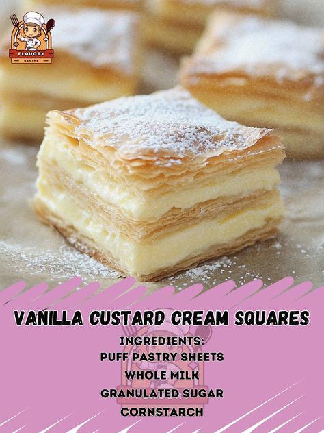 🍮🍰 Indulge in the creamy perfection of Vanilla Custard Cream Squares—a delightful dessert that melts in your mouth! ✨🍴 #CustardSquares #SweetTreat Vanilla Custard Cream Squares Ingredients: Puff pastry sheets (2) Whole milk (3 cups) Granulated sugar (1/2 cup) Cornstarch (1/4 cup) Egg yolks (4) Vanilla extract (2 tsp) Unsalted butter (2 tbsp) Powdered sugar (for dusting) Instructions: Preheat oven to 400°F (200°C). Roll out puff pastry sheets and bake until golden. Let cool. In a saucepan, ... Vanilla Custard Desserts, Vanilla Custard Cream Squares, Custard Cream Squares, Vanilla Custard Cake, Puff Pastry Filling, Custard Cream, Custard Desserts, Custard Cake, Custard Tart