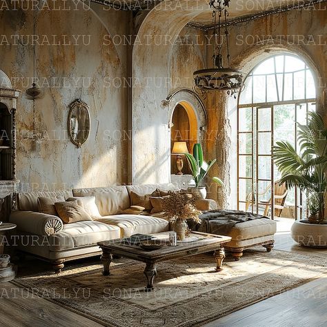 settings. Modern Tuscan Living Room, Tuscan House Interior, Tuscan Interior Design, Stone Cottages Interior, Italian Villa Interior Design, Tuscan Cottage, Spanish Style Living Room, Interior Room Design, Beige Sofas