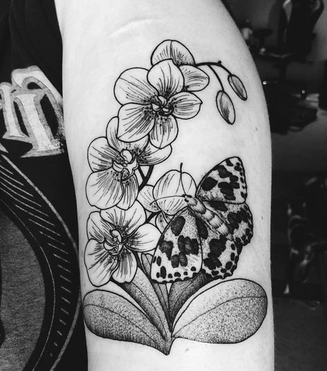 Orchids, butterflies, botanical, tattoo, floral, blackwork, ink, NC, nature, detail, black and white. Done by Sierra Jacobs at Blackbird Studio - Mebane, NC Orchid Butterfly Tattoo, Orchid Tattoos, Stick Poke, Tropical Tattoo, Stick Poke Tattoo, Tattoo Floral, Orchid Tattoo, Black White Tattoos, Doodle Notes