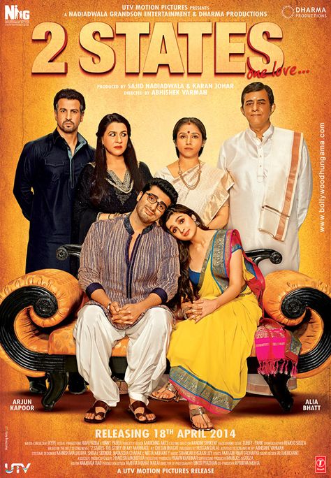 3.5/5★ 2 States Boy meets girl, boy loves girl, girl loves boy, family meets family, family doesn't love family. The "Will they, wont they" drama is not about the couple, but about their very different North meets South clashing backgrounds families who hate each other on sight. 2 States is an unnecessarily stretched out 149 minutes, but its a good film with strong performances. Arjun reminds me of a younger Abhishek Bachchan but with more charisma and Alia lights up the screen. Verdict: Wat... 2 States Movie, State Posters, Movies 2014, Bollywood Posters, Romantic Films, Indian Movies, Movie Songs, Hindi Movies, Bollywood Movies