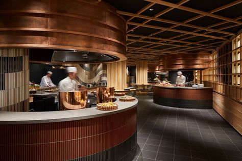 » Yaorozu Dining Buffet restaurant by fan Inc., Aso – Japan Buffet Restaurant Interior Design, Restaurant Buffet Design, Live Kitchen Restaurant, Kitchen Restaurant Design, Japanese Buffet, Open Kitchen Restaurant, Japan Restaurant, Restaurant Counter, Japan Interior