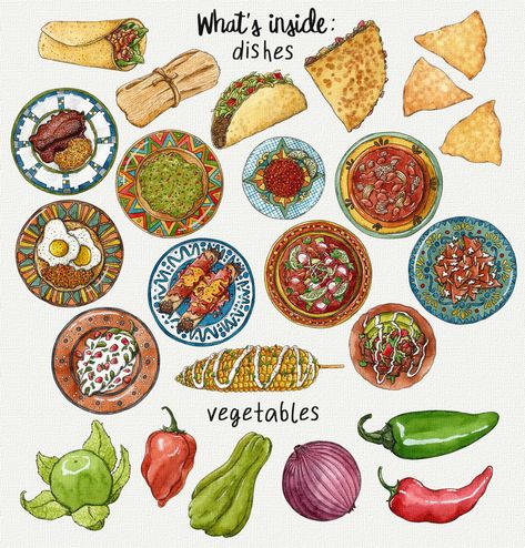 Watercolor Recipes, Mexican Watercolor, Mexican Plates, Food Watercolor, Traditional Mexican Dishes, Food Doodles, America Food, Mexico Food, Food Sketch