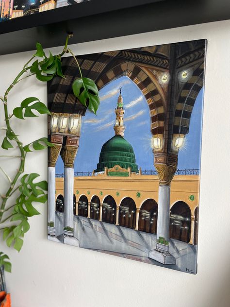 Masjid Painting Islamic Art, Badshahi Mosque Painting, Islamic Paintings Wall Art, Madina Painting Islamic Art, Mosque Art Painting, Mosque Painting Islamic Art, Madinah Painting, Masjid Nabawi Painting, Makkah Painting