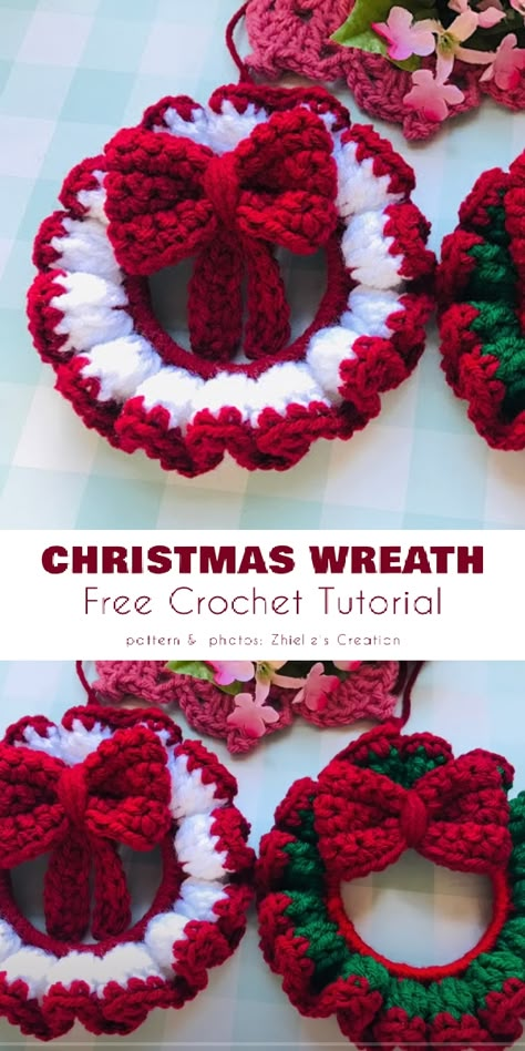 Crochet Christmas Ornaments Free Ideas, Christmas Decor Ideas In Crochet, Crochet Christmas Wreath Applique, Crochet Santa Free Pattern Christmas Ornament, Free Crochet Patterns For Christmas Wreaths, Christmas Crafts To Crochet, Mini Crochet Santa Hat Free Pattern, Fast Crochet Ornaments, Crochet Christmas Door Hanger