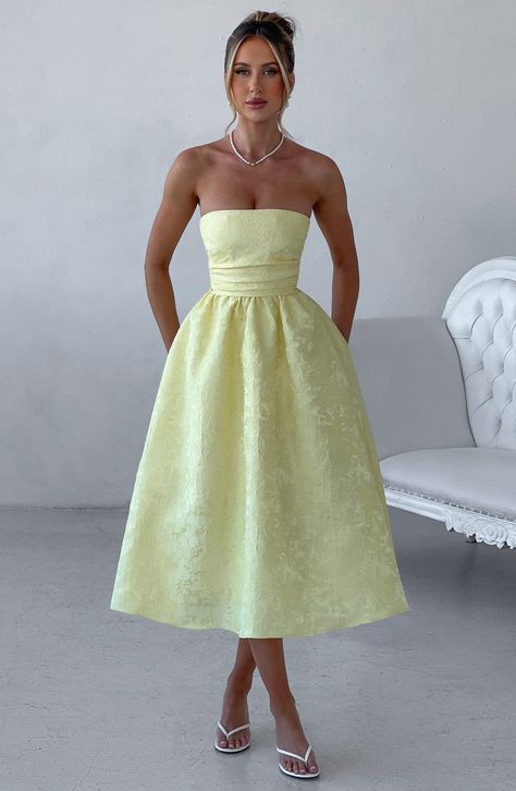 Saoirse Midi Dress - Lemon Yellow Dresses For Wedding, Cute Midi Dresses Classy, Formal Casual Outfits Women Dress, Provence Wedding Guest Dress, Jacquard Midi Dress, Grad Dresses Midi, Two Fabric Dress, Wedding Guest Yellow Dress, Race Day Dress