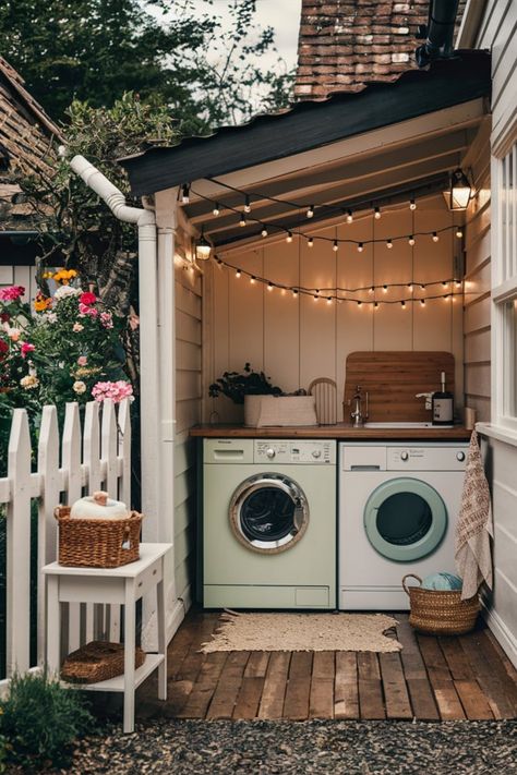 20 Outdoor Laundry Rooms – The Crafty Hacks Laundry Porch Ideas, Outside Washing Area Ideas, Shed Laundry Room Ideas, Laundry Room On Porch, Small Outdoor Laundry Area, Outdoor Washing Machine Cabinet, Washer And Dryer Outside Ideas, Laundry Yard Ideas, Laundry Hanging Outside