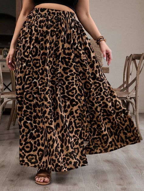 SHEIN VCAY Women's Plus Size Leopard Print SkirtI discovered amazing products on SHEIN.com, come check them out! Leopard Maxi Skirt Outfit, Plus Size Summer Fashion, Leopard Print Skirt, Printed Pleated Skirt, Effortless Hairstyles, Plus Size Vintage, Wardrobe Ideas, Plus Size Skirts, Chiffon Skirt