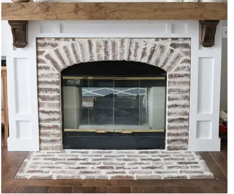 Old Mill Brick, Old Mill Brick Castle Gate, High Heat Paint, Rustic Mantle, Tile Edge Trim, Castle Gate, Fireplace Update, Fireplace Cover, Brick Paneling