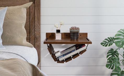 The floating nightstand is made of beautiful walnut color, with a trapezoidal design, and the outer corners are rounded to prevent children from being hurt. You can have more space to rearrange your things, or use it as a minimalist bedside table where you can put a small lamp, phone and so on.🥰 Aesthetic Hammock, Floating Bedside Shelf, Lamp Phone, Minimalist Bedside Table, Storage For Bedroom, Floating Nightstands, Nightstand Table, Bedside Shelf, Nightstand Set