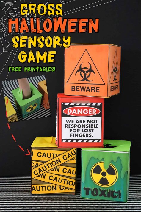 Gross Halloween sensory game made from tissue box! FREE PRINTABLES #halloween #classroomgame - A girl and a glue gun Goosebumps Party, Mystery Box Ideas, Halloween Ideias, Tissue Box Crafts, Roll A Dice, Classroom Party Games, Sensory Games, Halloween Sensory, Halloween Mystery