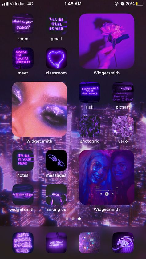 Neon Homescreen Ideas, Widgetsmith Ideas Purple, Euphoria Homescreen, Neon Homescreen, Purple Ios, Wallpaper Violet, Mint Green Wallpaper Iphone, Inspo Wallpaper, Iphone Wallpaper Violet