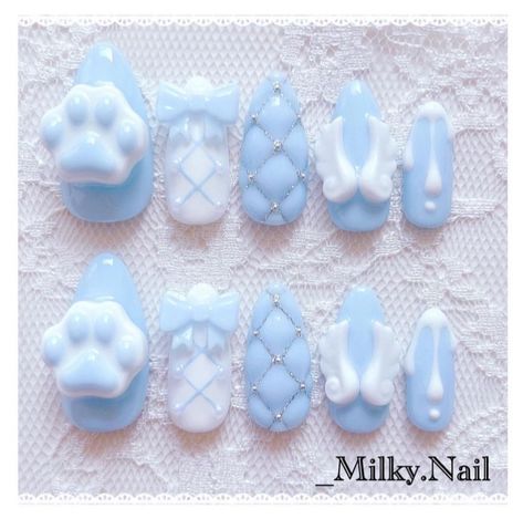 Kawaii Blue Nails, Cinnamon Roll Nails, Cute Nails Blue, Cinnamoroll Makeup, Cinnamoroll Nails, Clear Glitter Nails, Acrylic Nails Almond Shape, Cute Pink Nails, Fake Nails Designs