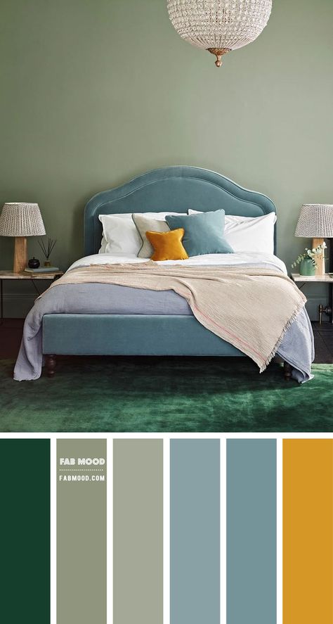 Looking for a soothing color for bedroom? Consider sage green color. Whether you use it as an accent, or decorate your entire bedroom. The monochrome sage-green color scheme is very... Mustard And Turquoise Bedroom, Ocre Color Palette Bedroom, Mustard Yellow Color Palette Bedroom, Mustard Sage Color Palettes, Mustard Bedroom Ideas Colour Palettes, Green And Ochre Bedroom, Hunter Green And Mustard Yellow Bedroom, Blue Sage Bedroom, Bedroom Color Schemes Yellow