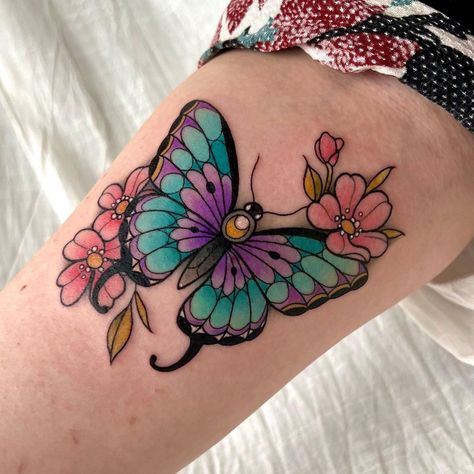 Neo Butterfly Tattoo, Butterfly Tattoo Over Knee, Girly Pop Tattoo, Pastel Butterfly Tattoo, Bubblegum Traditional Tattoo, Butterfly Tattoo Colorful, Neotraditional Butterfly Tattoo, Butterfly Tattoo Color, Traditional Butterfly Tattoo