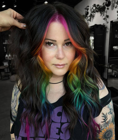 Rainbow Money Piece Hairstyle Two Tone Money Piece Hair, Rainbow Black Hair, Fashion Color Money Piece Hair, Color Block Money Piece Hair, Rainbow Money Piece Hair, Color Money Piece Hair, Curly Hair Money Piece, Colorful Money Piece Hair, Rainbow Money Piece