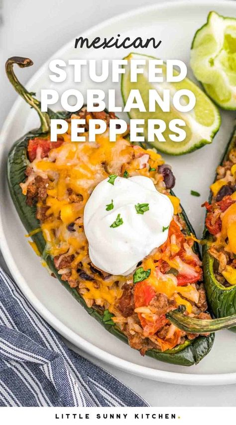 Stuffed Poblano Peppers with ground beef, rice, and veggie filling are topped with melty cheese and packed with flavor. Amazing recipe for dinner or meal prep. Ground Beef Poblano Pepper Recipes, Pablano Pepper Recipe With Ground Beef, Stuffed Poblano Pepper Recipes Beef, Sausage Stuffed Poblano Peppers, Stuffed Pablo Peppers Beef, Ground Beef Stuffed Poblano Peppers, Stuffed Poblano Pepper Recipes, Pablano Pepper Recipe, Poblano Peppers Recipes