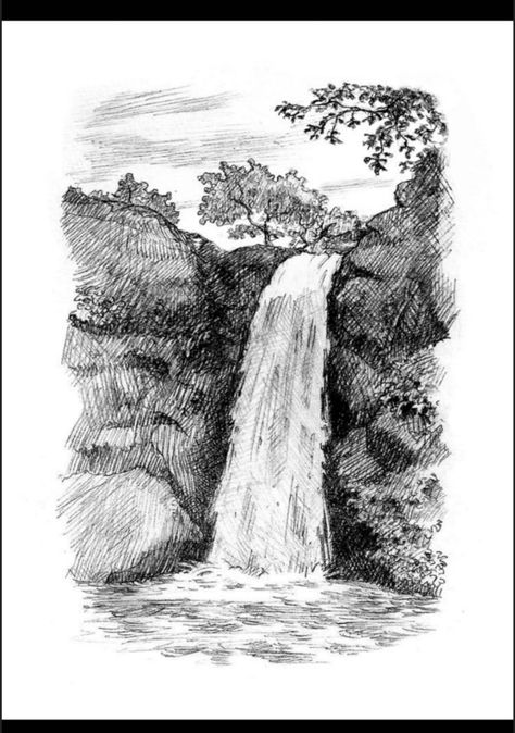 Waterfall Sketch, Waterfall Drawing, Pencil Sketches Landscape, Landscape Pencil Drawings, Landscape Design Drawings, Fall Drawings, Nature Art Drawings, Nature Sketch, Pen Art Drawings