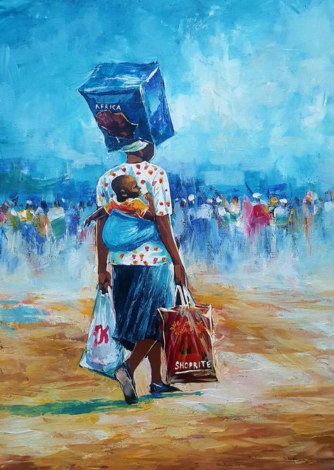 Back from shopping by Barry Lungu - Zimbabwe artist Imaginative Composition, Morning Before School, Africa Art Design, Modern Art Canvas Painting, Art Alevel, Abstract Portrait Painting, Afrique Art, African Paintings, Before School